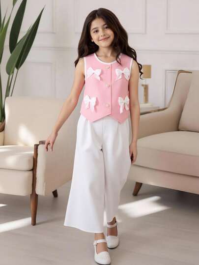SHEIN 2pcs Outfit For Tween Girls Black Vest Top With White Bow Decoration, Paired With White Suit Pants, Elegant Casual Fall Winter