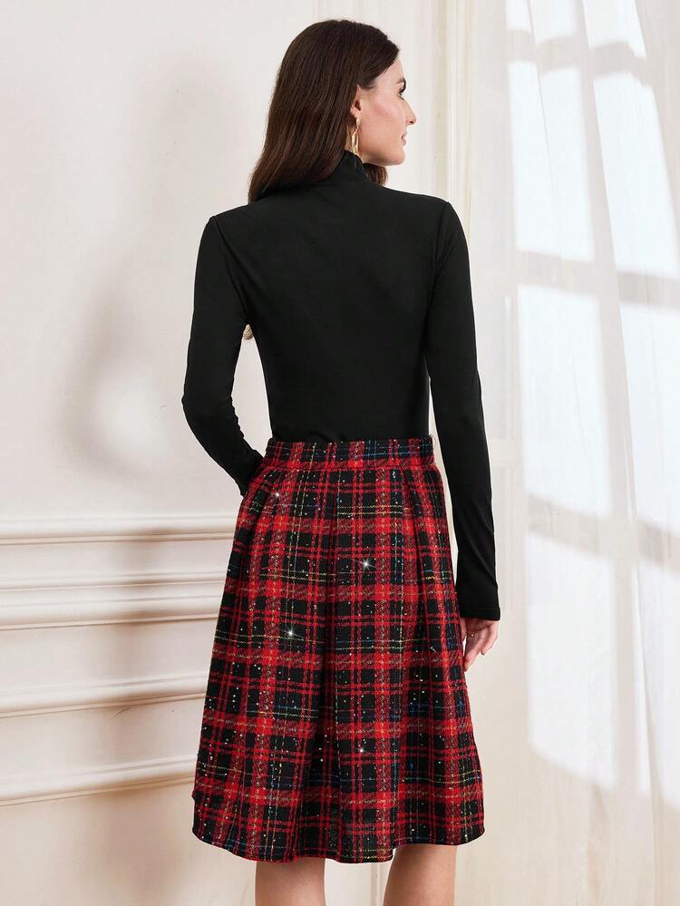 Women's Solid Color Twist Collar Long Sleeve Top And Plaid Skirt Elegant 2-Piece Set, Christmas