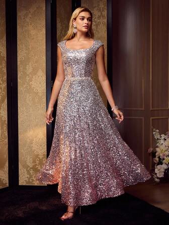 MOTF Soiréza SEQUIN OMBRE ELEGANT DRESS WITH BELT, SUITABLE FOR GODDESS PARTY, BANQUET, COCKTAIL DRESS
