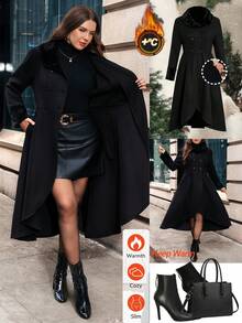 Ellevyn Sobretudo feminino plus size preto liso com gola de pele sintética, mangas compridas, abotoamento duplo, elegante, com bolsos internos e forro. Quente e confortável, de alta qualidade. Com bolsos, ideal para o outono. Confortável e quente para o frio. Novo modelo 2025. Sobretudo casual feminino plus size com bolsos e mangas compridas. - Preto - Ver 11