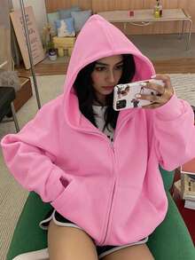 INAWLY Solva Women Plain Hooded Zip Pocket Long Sleeve Casual Sweatshirt Graduation,Back To School,Graduation,Teacher For Women,Back To School Pullover Fall - Pink - View 1