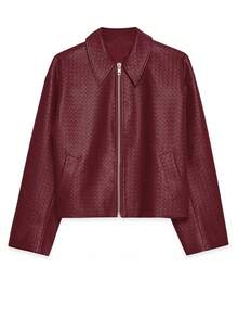 SHEIN Clasi Women's Casual Knitted PU Collar Jacket, Autumn/Winter - Burgundy - View 1