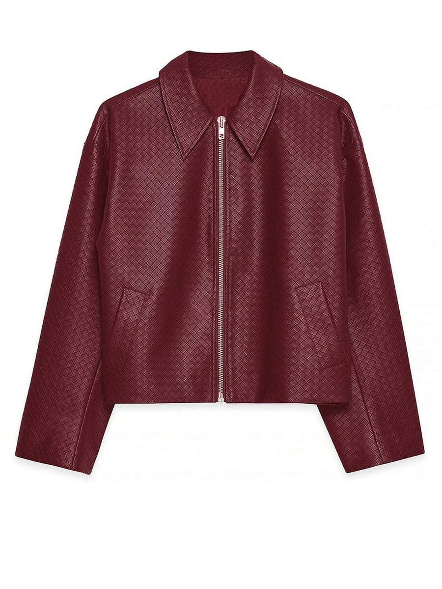 SHEIN Clasi Women's Casual Knitted PU Collar Jacket, Autumn/Winter - Burgundy - View 1
