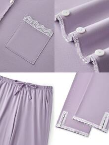 LUVLETTE Bộ đồ ngủ dài ren sang trọng, chất liệu cotton 100% mềm mại, cỡ lớn dành cho nữ, đồ lót, quần áo mùa thu - Màu tím - Xem 6
