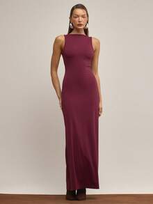 MUSERA Elegantes, enges, ärmellos geschnittenes Maxikleid mit Bootsausschnitt und A-Linie, für Abendveranstaltungen, Arbeit, sexy und süß, Gallerie Langkleid - Bordeaux - Übersicht 4