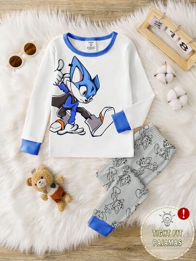 طقم بيجامات مطبوع بطبعة القنفذ السريع للأولاد الصغار، ملابس علوية بأكمام طويلة وبنطلون، ملابس نوم مريحة للاستخدام اليومي