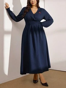 Zelara 大码秋季服装全印花褶皱豹纹长袖连衣裙/秋季连衣裙/秋季女装秋季婚礼宾客连衣裙优雅女士连衣裙商务休闲女士工作连衣裙商务连衣裙 - 藏蓝色 - 查看 3