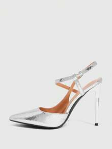 CUCCOO SZL Escarpins mode à texture de lézard argenté pour femmes, talons hauts à bout pointu avec bride à la cheville, chaussures sexy pour soirée - Argent - Voir 10