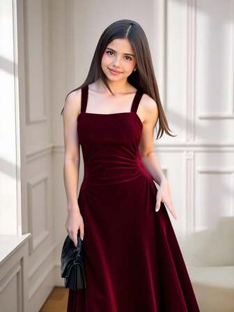 SHEIN Teen Girl Velvet Solid Color Square Neck Ruched Casual Elegant Spaghetti Strap Party Dress, Children's Long Formal Dress Suitable For Party, Burgundy Long Dress For Christmas, Halloween Costume Fall Winter