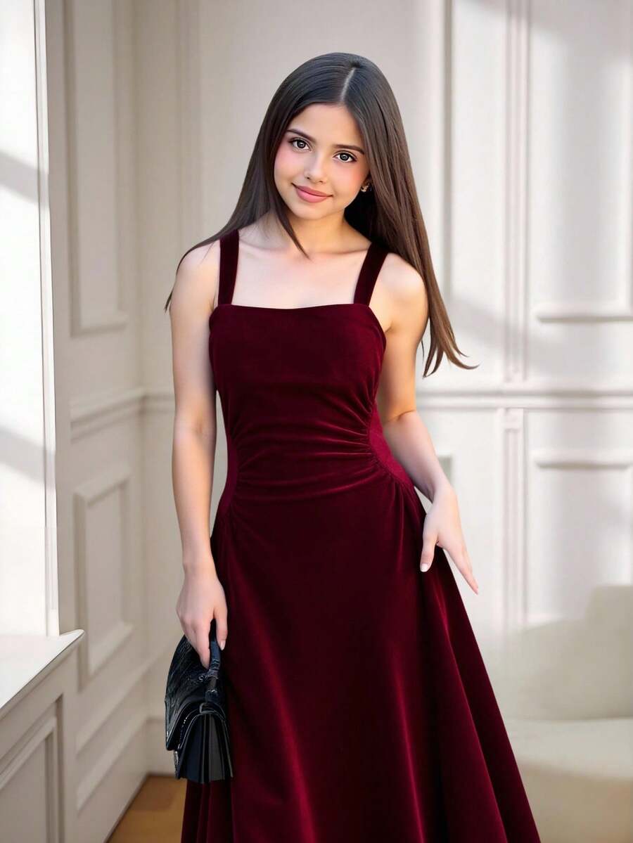 SHEIN 少女天鹅绒纯色方领褶饰休闲优雅细肩带派对连衣裙,儿童长款正式连衣裙,适合派对,酒红色长款连衣裙,适合圣诞节、万圣节服装 - 酒紅色 - 查看 1