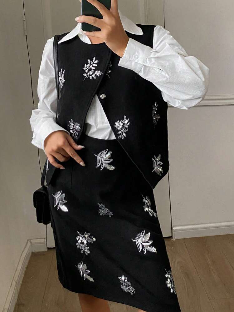 Sequin Plant Pattern Sleeveless Pullover Slit Back Tank Top And Straight Knee-Length Skirt Elegant Two Pieces Set For Women, Autumn/Winter