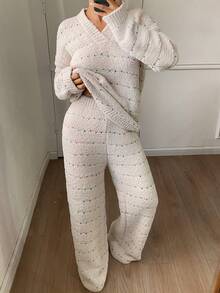 DAZY 女士条纹波点提花宽松睡衣套装，冬季舒适保暖秋季服装 - 米色 - 查看 6