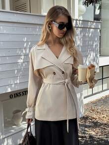 Elyressa A Lady Weaves An Elegant And Casual Autumn Trench Coat - Apricot - View 6