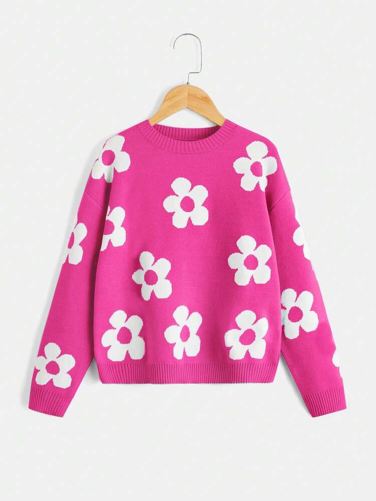 Tween Girls Floral Pattern Drop Shoulder Sweater