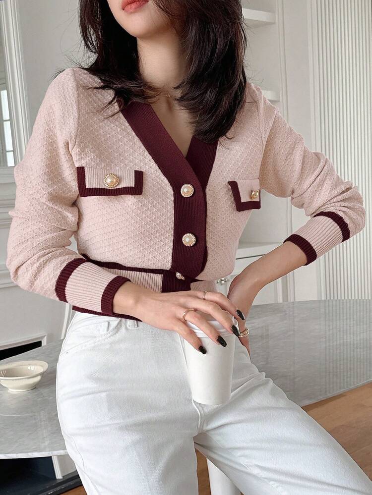 Women's Colorblock Long Sleeve Casual Business Cardigan, Autumn/Winter