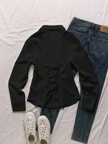 Attitoon 女式休闲前扣后系腰修身长袖衬衫，适合秋冬季 - 黑色 - 查看 2