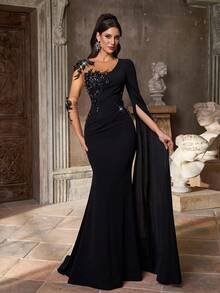 Aureia Elegant, Luxurious Embroidered Lace Puff Sleeve Handmade Applique Stretch Knit Champagne Sheer Mesh Fishtail Formal Dress, Suitable For All Formal Occasions, Dates, Singles Parties, Weddings, Red Carpet, Galas - Black - View 6