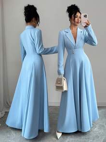 Selianne Robe longue élégante bleu avec ceinture à la taille pour femmes, convient pour les rendez-vous, les événements sociaux et les sorties en automne - Bleu azur - Voir 1