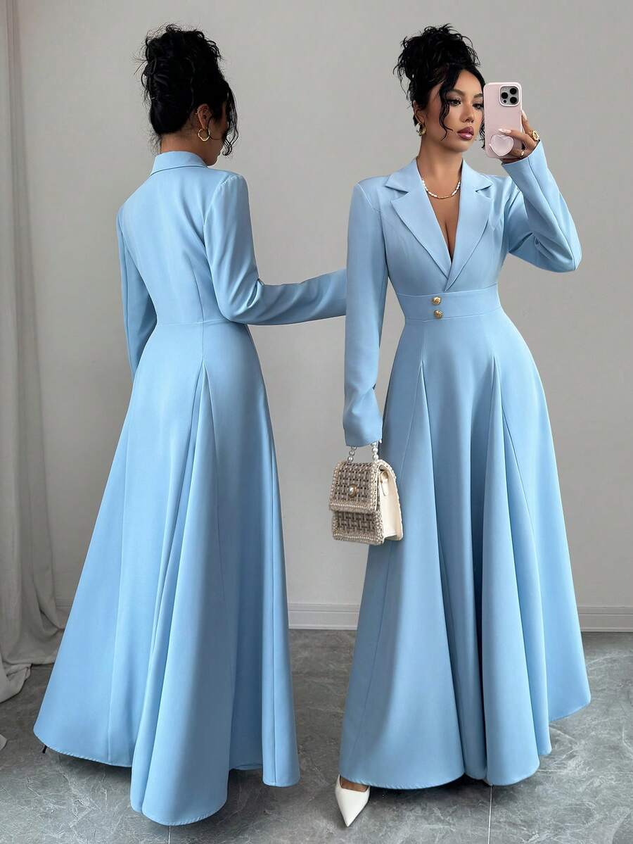 Selianne Robe longue élégante bleu avec ceinture à la taille pour femmes, convient pour les rendez-vous, les événements sociaux et les sorties en automne - Bleu azur - Voir 1
