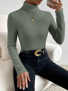 SHEIN Frenchy 长袖高领纹理面料 T 恤 - 墨綠色 - 查看 6