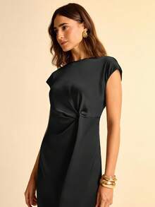 CAJUNI 女士度假热带休闲棕色短袖褶饰腰部扭纹中长连衣裙 - 黑色 - 查看 6