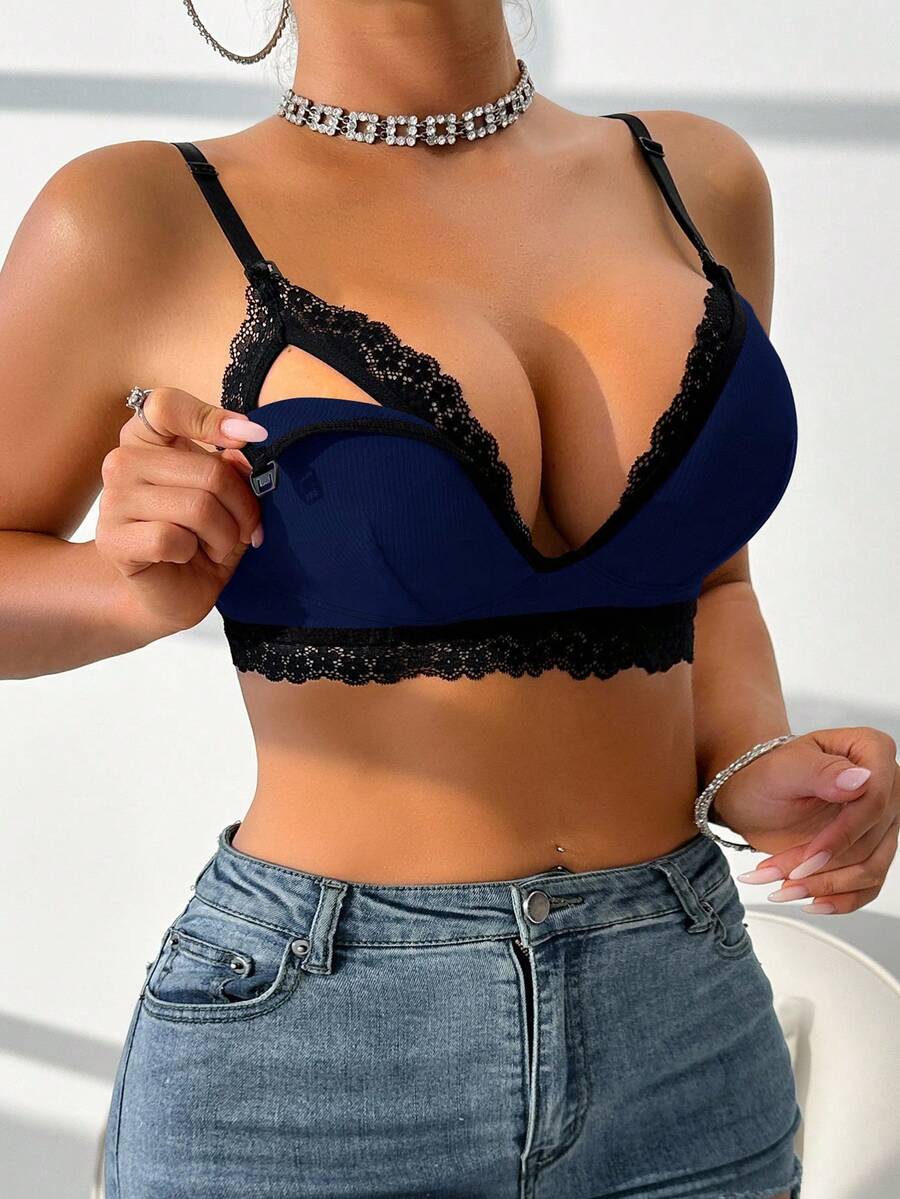 Moonlight&Mama 孕妇对比色蕾丝哺乳文胸 - 寶藍色 - 查看 1