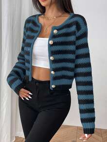 SHEIN PETITE Women's Casual Contrast Striped Cropped Cardigan - Blue - View 6