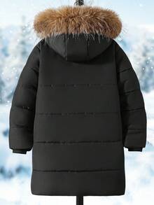 SHEIN 1pc Girls' Pink Hooded Padded Coat With Pockets And Sequin Design, Mid-Length, Suitable For Autumn/Winter - Black - View 4