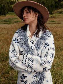 Bohemela 秋冬女士休闲复古提花流苏边饰波西米亚风简约长袖开襟毛绒复古宽松针织衫，西部乡村风格，适合度假、日常穿着、返校季、万圣节、圣诞节等场合。 - 彩色 - 查看 5