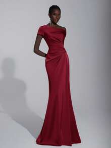 Elitara Váy đuôi cá trễ vai bằng vải satin nhún bèo sang trọng, thanh lịch, phù hợp cho đám cưới, tiệc tùng, kỳ nghỉ, dạ hội, váy phù dâu - Màu Đỏ Sâu - Xem 7