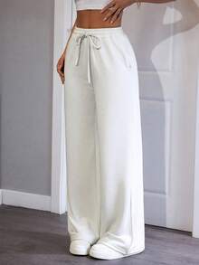 SHEIN PETITE 舒适休闲纯色针织阔腿女式运动裤 - 白色 - 查看 3