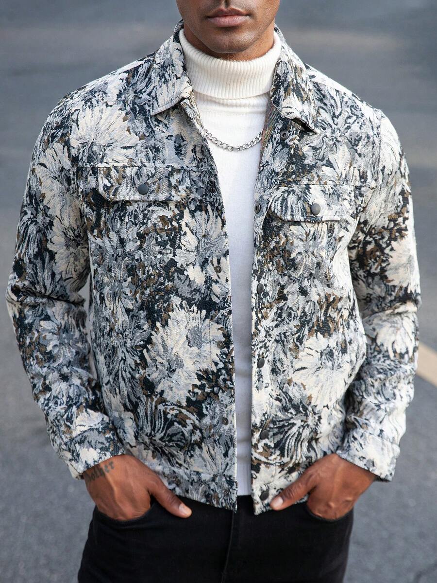 Manfinity Homme Chaqueta casual de moda retro con jacquard para hombre, camisa con estampado para hombre, camisa floral para hombre, camisa de botones con estampado abstracto de manga larga para hombre, camisa gráfica para hombre - Multicolor - Ver 1