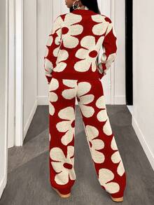 BamGleam 2pcs Women Floral Pattern Knitted Sweater And Pants Set - Red - View 2