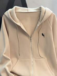 Resyla New Style Horse Embroidery Hooded Casual Solid Color Zip-Up Jacket For Women