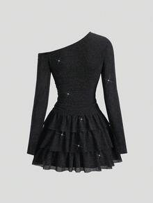 Sweetra 女式优雅派对性感不对称肩部闪光面料时尚荷叶边下摆长袖连衣裙，秋冬 - 黑色 - 查看 3