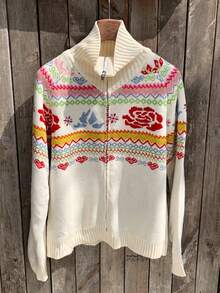 Comfortcana Women's Floral Pattern Raglan Sleeve Zip Front Casual Knit Cardigan, Autumn/Winter Cute Cardigan Winter Sweaters,Christmas Sweater