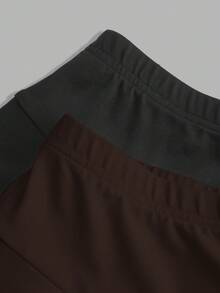 SHEIN EZwear 2pcs/Set Women Knitted Shorts, Brown And Black - Brown - View 4