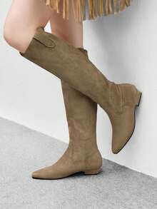 CUCCOO BIZCHIC 女士方头绒面高筒靴，时尚百搭 - 棕色 - 查看 4