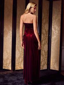 MOTF Soiréza WOMEN'S VELVET BANDEAU PROM DRESS - Burgundy - View 4