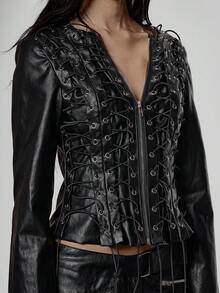 MUSERA V领极致镂空系带拉链仿皮夹克 冬季街头风 酷炫夜出日常性感玛瑙色 情人节 - 黑色 - 查看 6