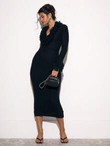 MUSERA Plunge Neck Knit Shaggy Trim Fitted Long Sleeve Maxi Dress Winter  Going Out Casual Cute Sexy Night Out Party  Cool Allure Elegant  Spring - Black - View 5