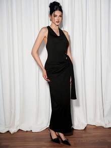 Sweetina Women's Black Elegant Birthday New Years Party Sexy Solid Color Plunging Neckline Backless Criss-Cross Design Fitted Dress - Black - View 4