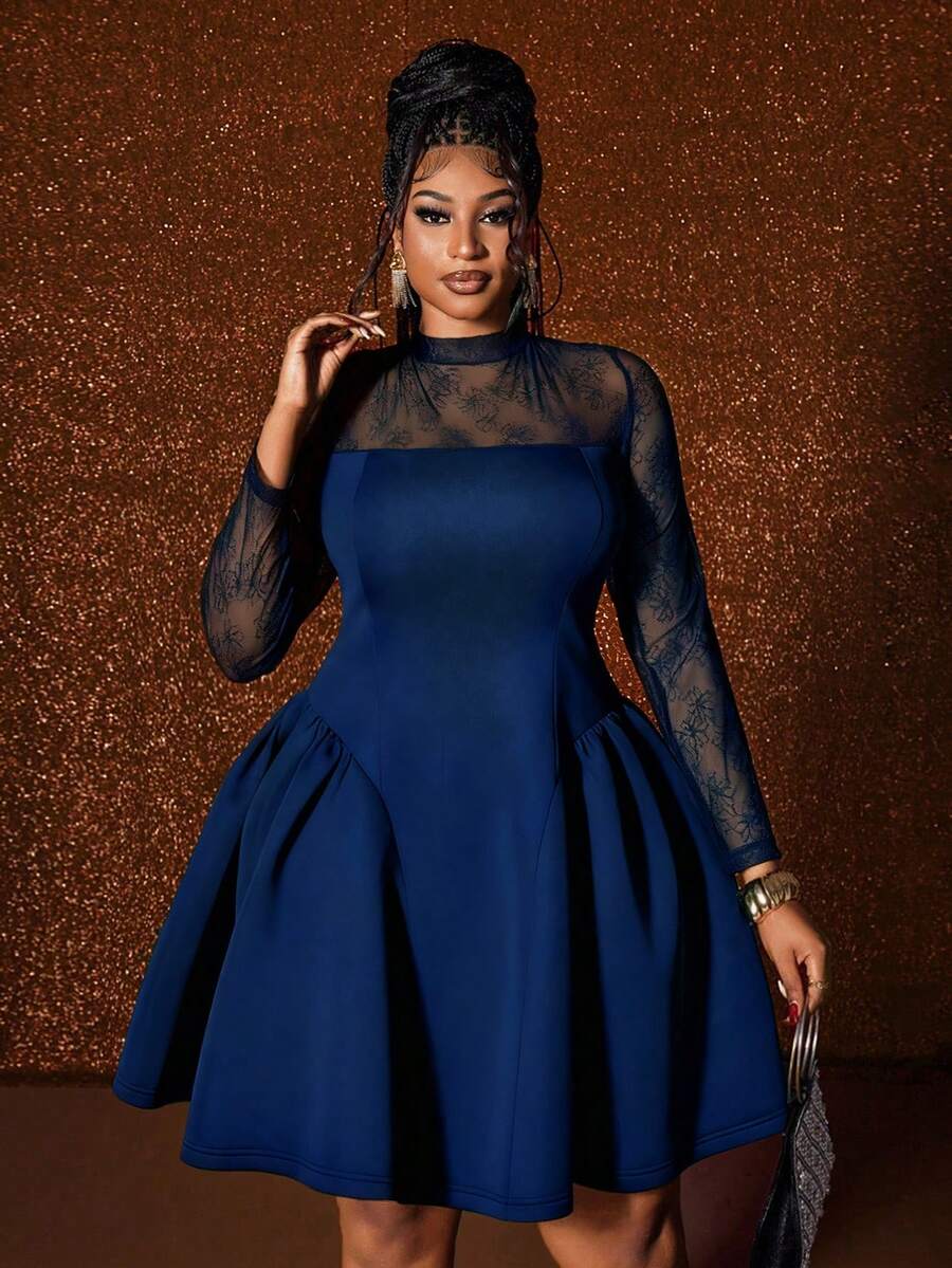 Maweii Váy phồng ren chắp vá thanh lịch cỡ lớn dành cho nữ - Màu xanh lam - Xem 1