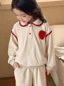 SHEIN Young Girls Casual Collared Pullover Sweatshirt & Tapered Leg Pants Set - Khaki - View 4