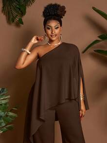 Maweii Summer Asymmetric Hem Loose Top And Pants Two Pieces Set, Casual Vacation Commute Style For Plus Size Women Fall - Brown - View 5