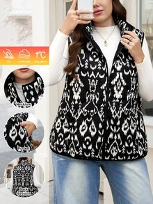 SHEIN LUNE 大码女式感恩节优雅圣诞女式纯色前拉链无袖口袋休闲羽绒服日常穿着圣诞节女式新年女式冬季外套女式冬季外套前拉链无袖口袋休闲羽绒服日常穿着秋冬外套保暖百搭女式秋冬外套 - 黑色 - 查看 5