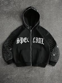 PAVTROS 男士时尚波尔卡圆点印花和刺绣字母连帽卫衣，秋冬 - 黑色 - 查看 2