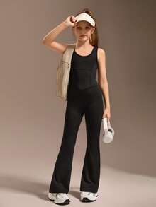 SHEIN Czarny, obcisły kombinezon dla nastolatek, modny, bardzo elastyczny materiał, dopasowany krój, do ćwiczeń, na co dzień