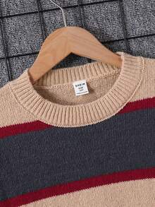 Tween Boy Striped Contrast Color Thick Casual Preppy Loose Pullover Knit Sweater,Grey,Autumn,School,Back-To-School,Soft Comfortable,Winter Kids Play - Khaki - View 3