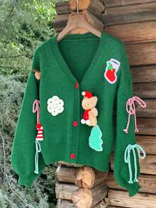 Comfortcana Women's Christmas Tree Pattern Long Sleeve Knitted Cardigan, Autumn/Winter Christmas - Green - View 3